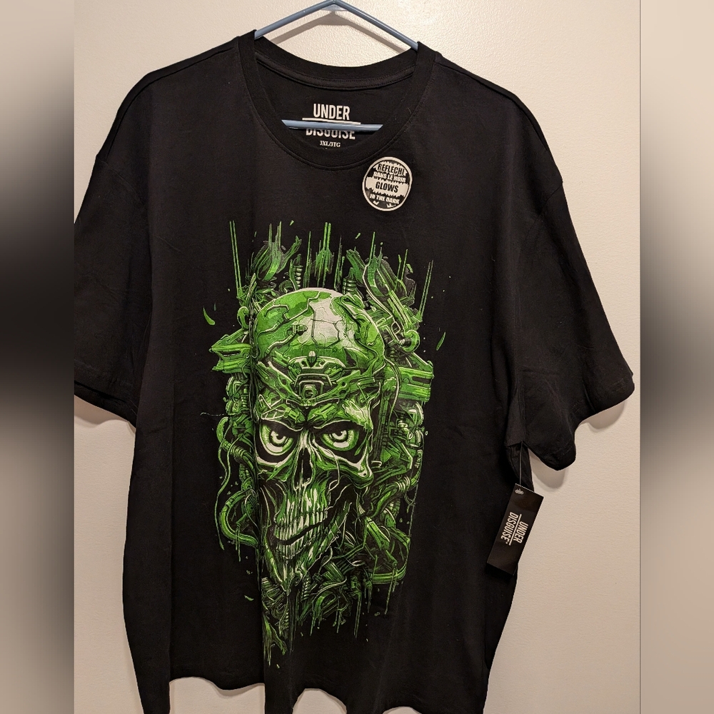 Disguise Black Tee with Neon Green Skull Design